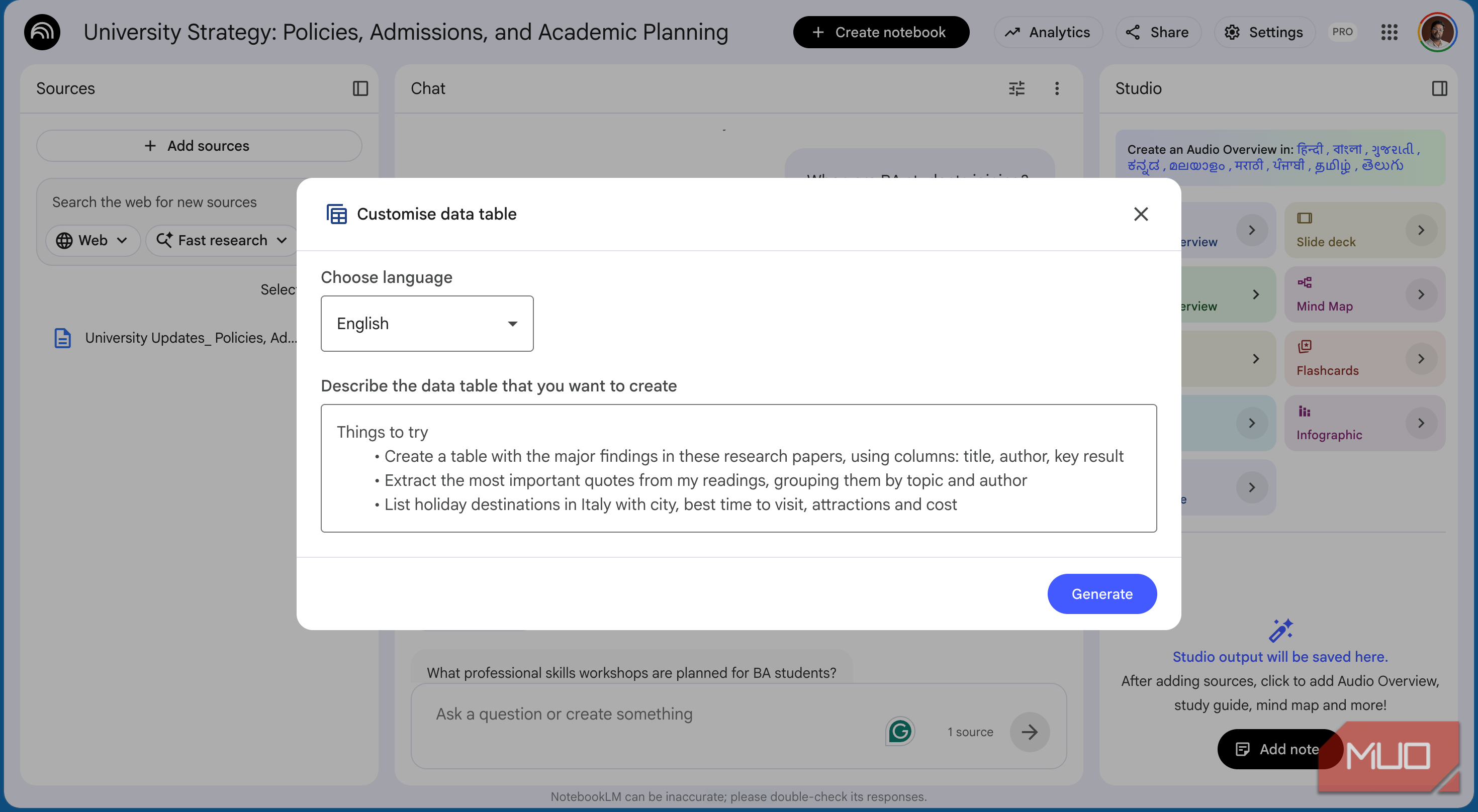 the table creation prompt on NotebookLM