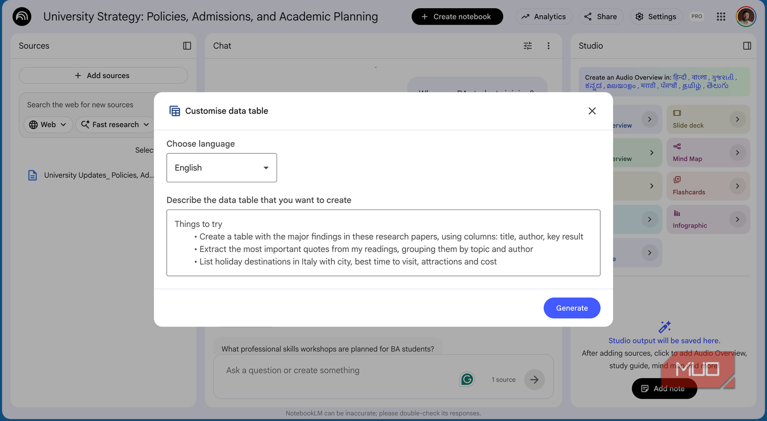 the table creation prompt on NotebookLM