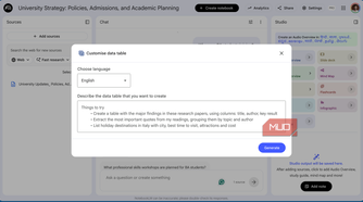 the table creation prompt on NotebookLM