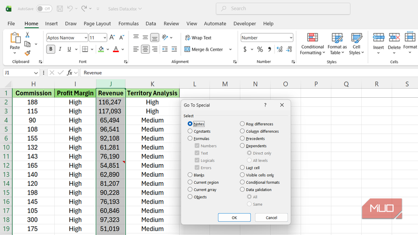Notes option selected in Go To Special dialog box in Excel.