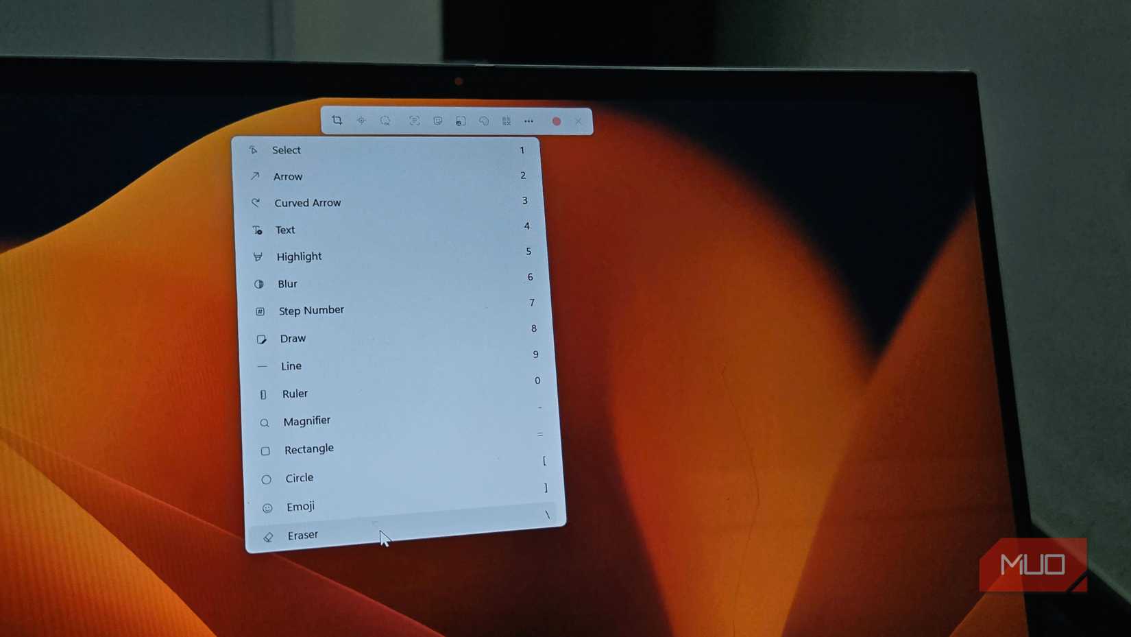 OddSnap More tools menu showing the Eraser option on Windows 11
