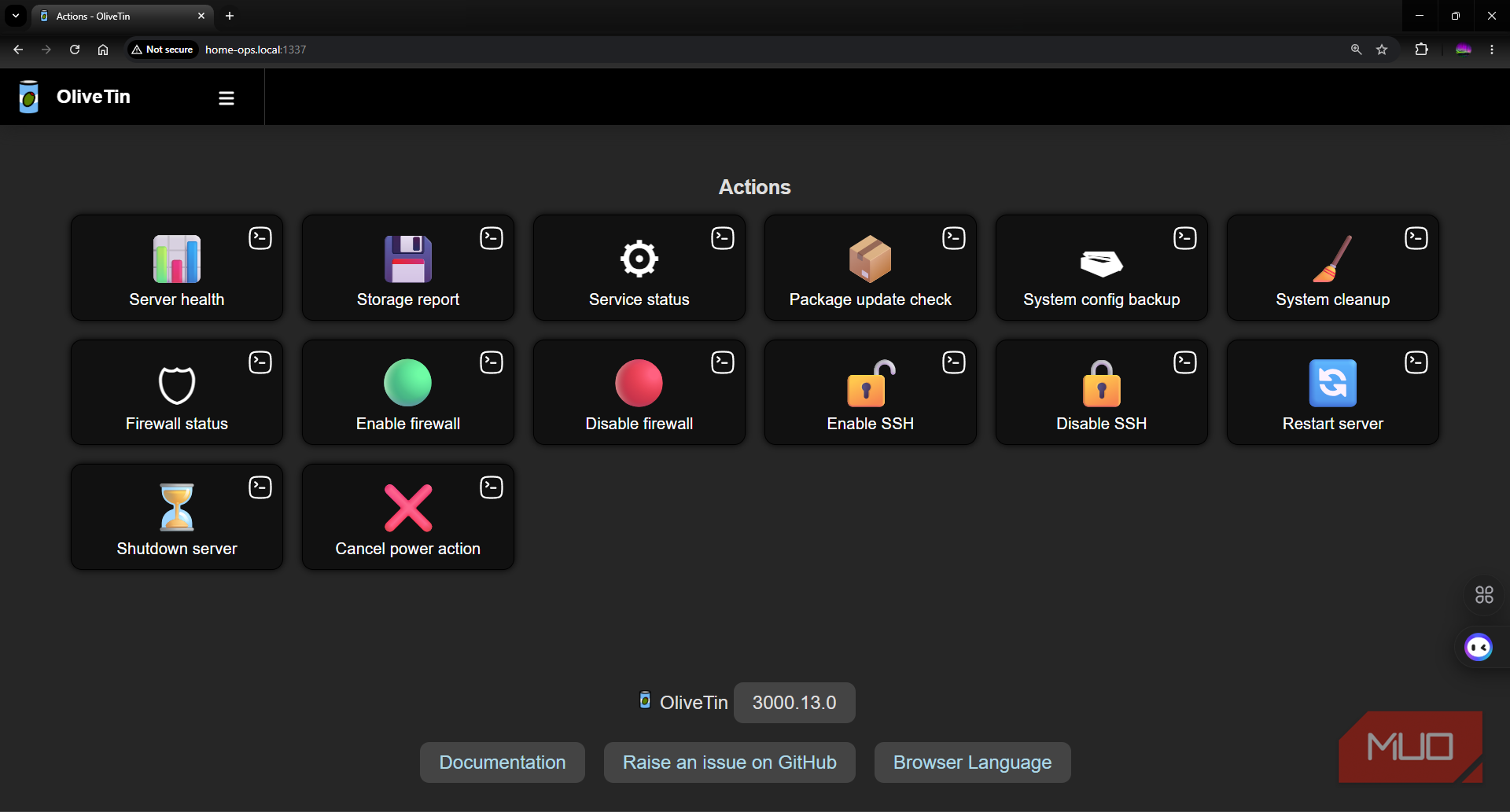 OliveTin dashboard showing all buttons