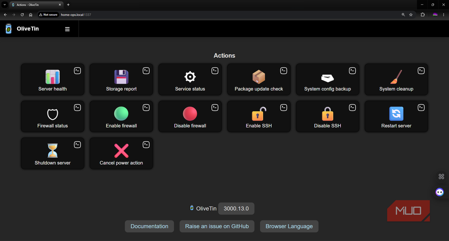 OliveTin dashboard showing all buttons
