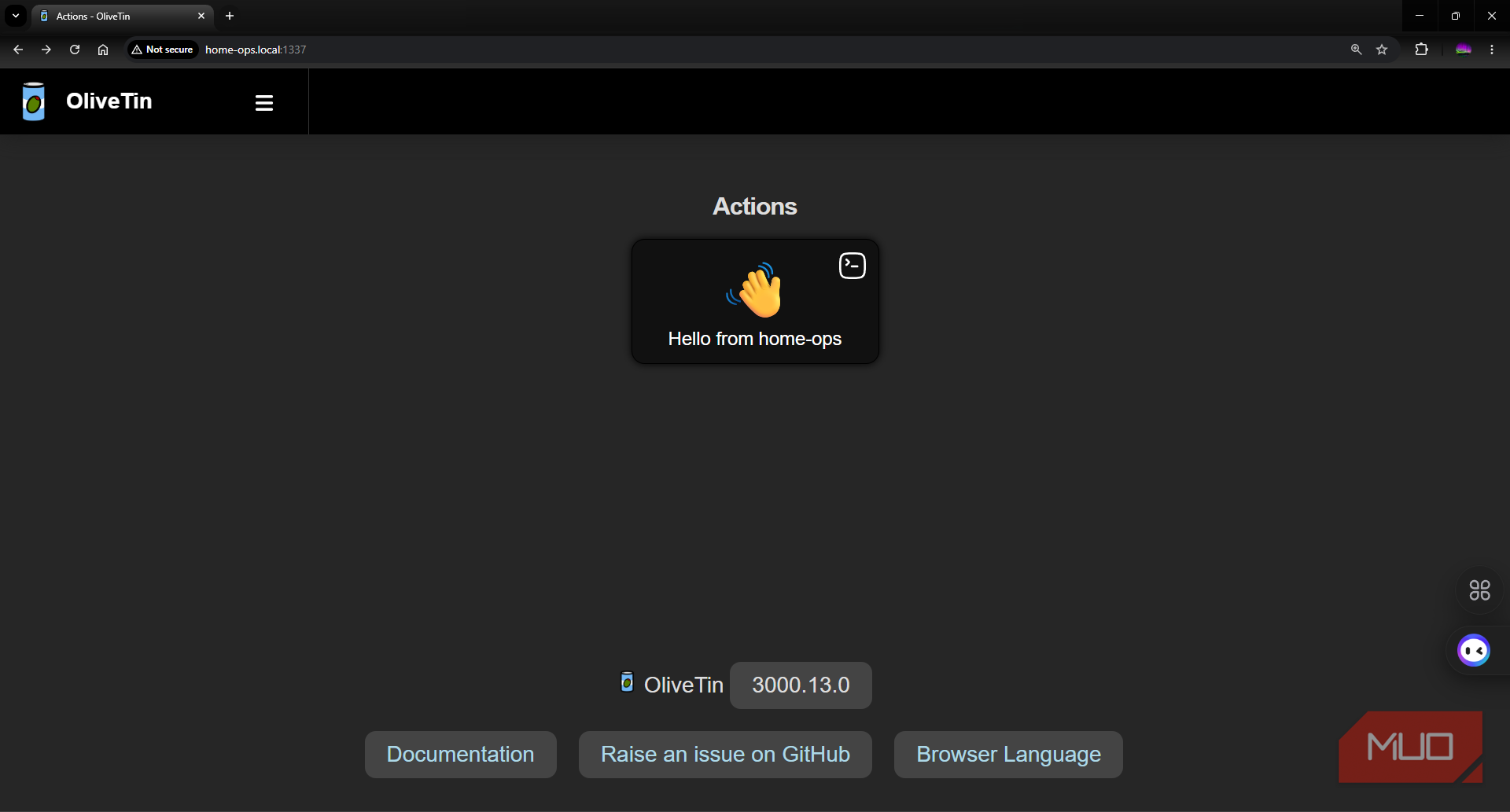OliveTin first time running with test config and button
