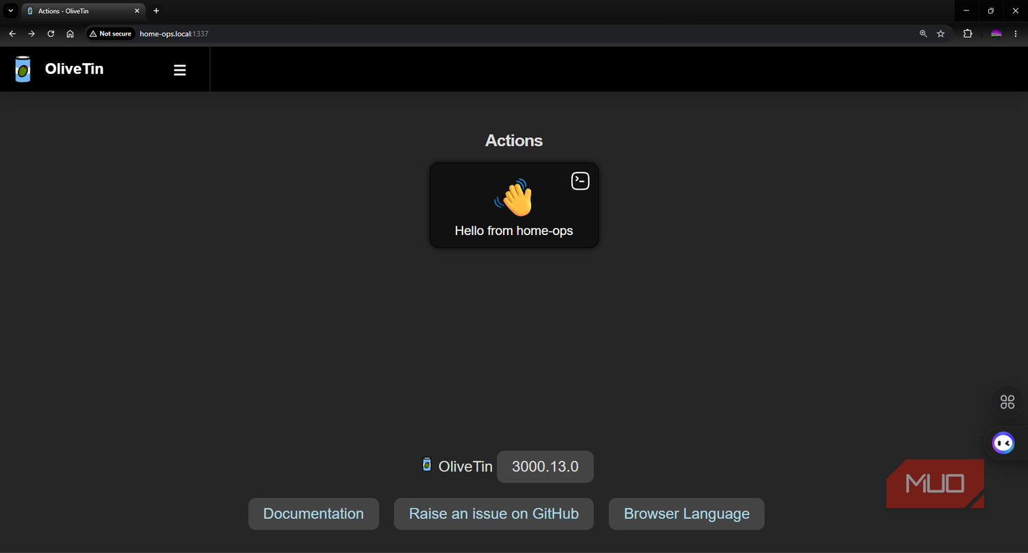 OliveTin first time running with test config and button