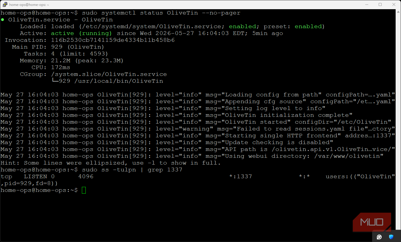 OliveTin service running and listening port 1337