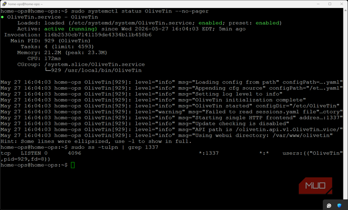 OliveTin service running and listening port 1337