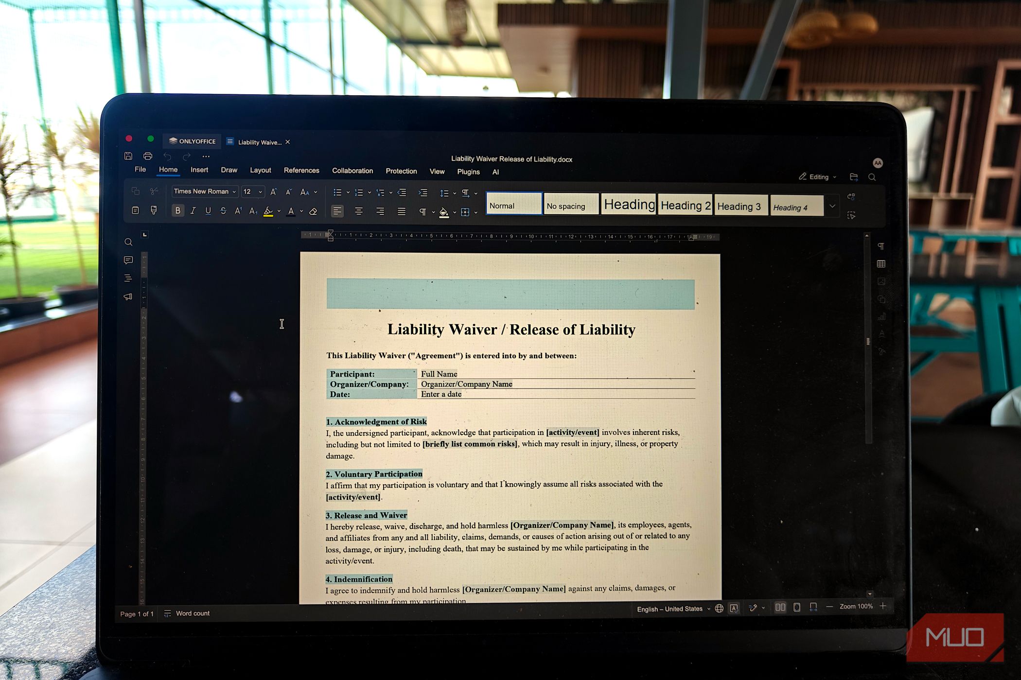 onlyoffice running on a MacBook placed on a table