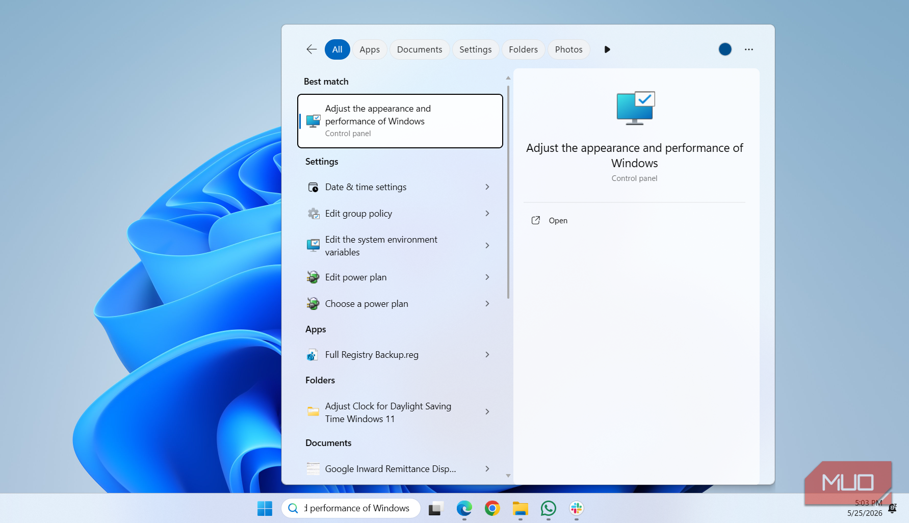 Opening performance options window on PC