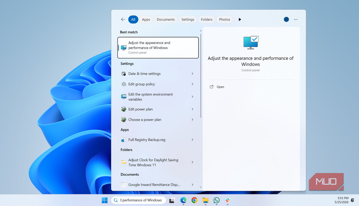 Opening performance options window on PC