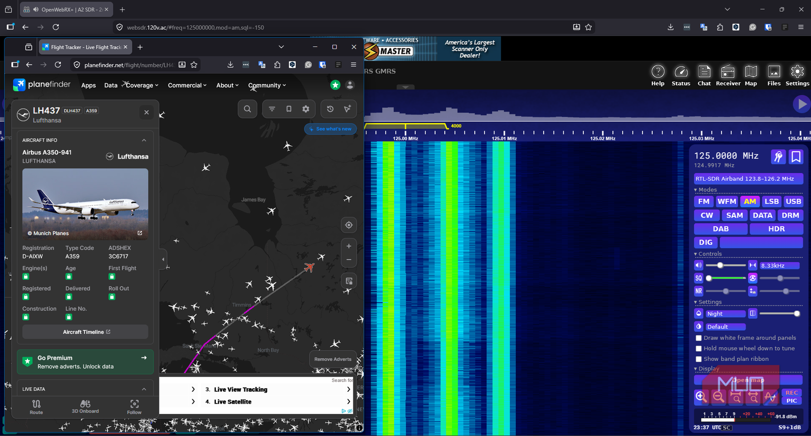 OpenWebRX RTL-SDR Airband receiver showing NA flights