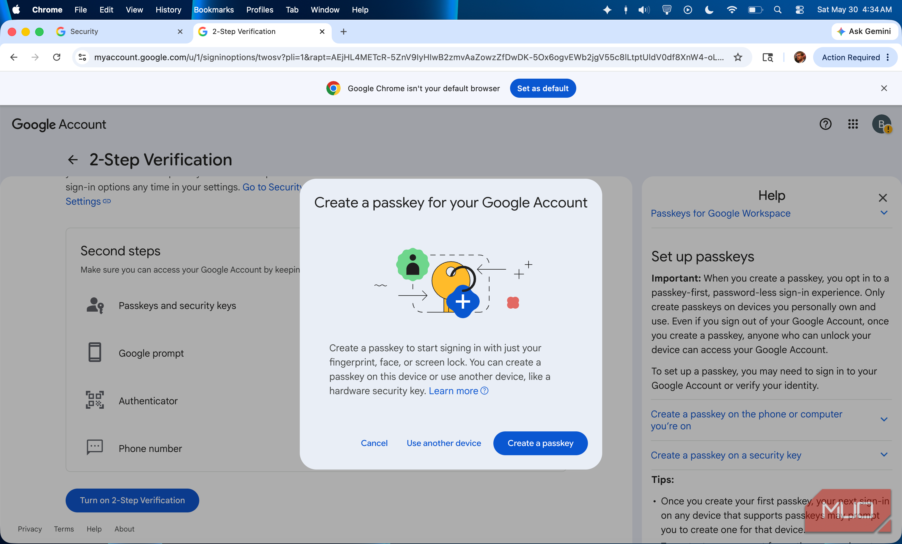 Creating a passkey for a Google account using an Android phone.
