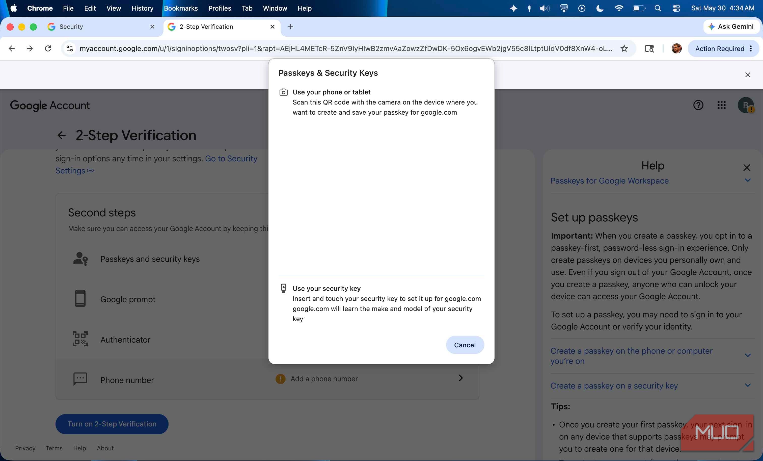 Creating a passkey for a Google account using an Android phone.