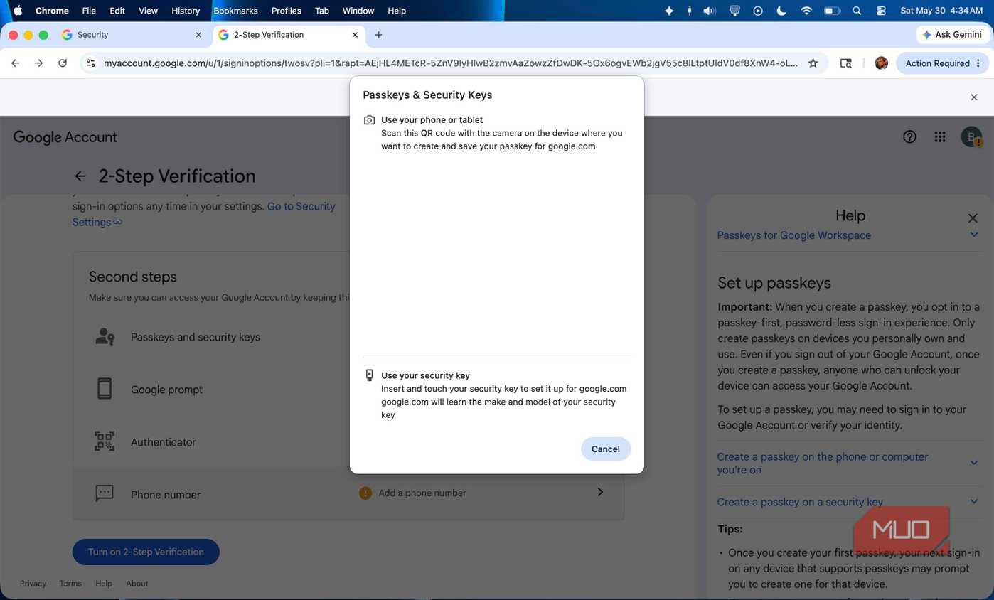 Creating a passkey for a Google account using an Android phone.