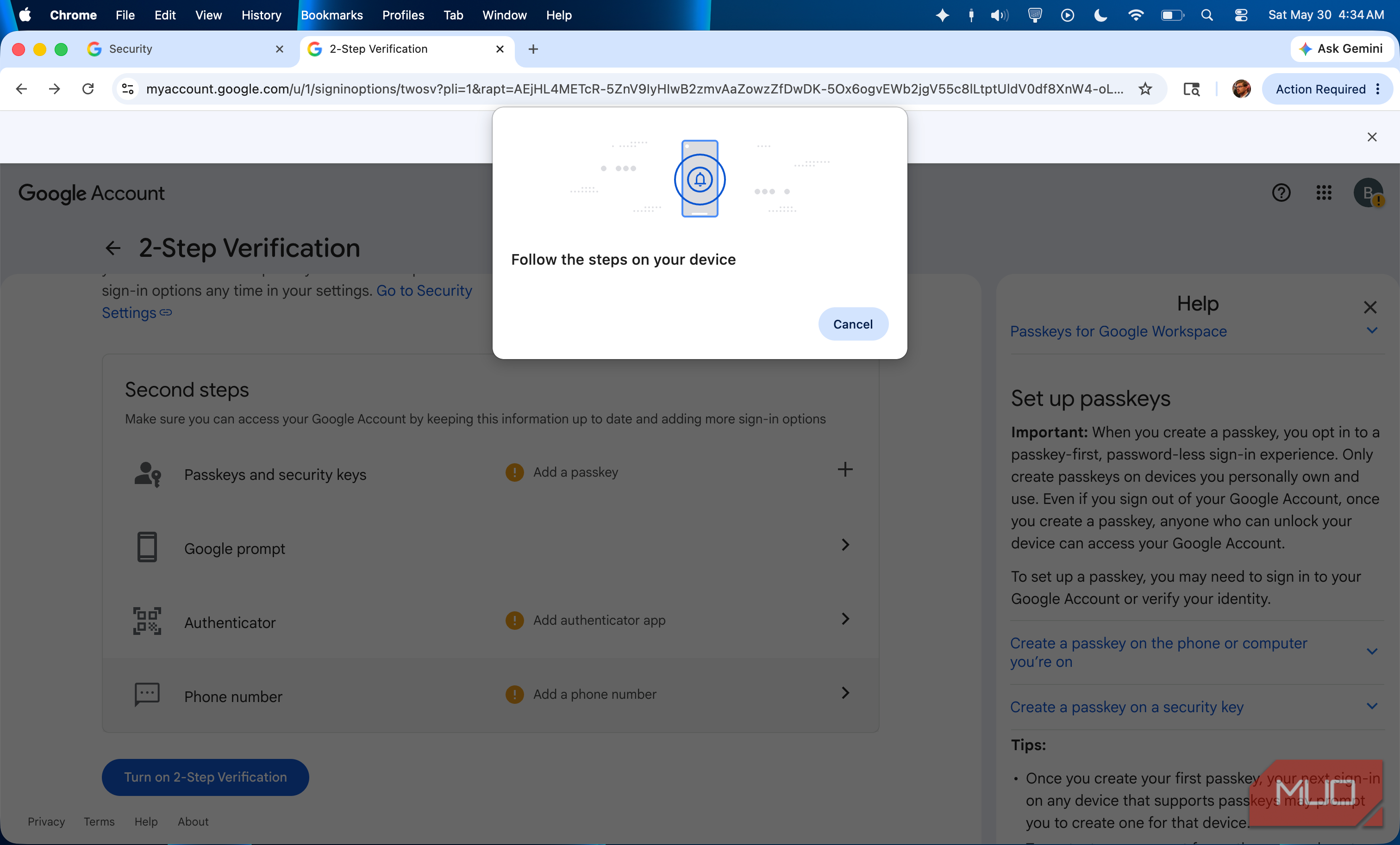 Creating a passkey for a Google account using an Android phone.