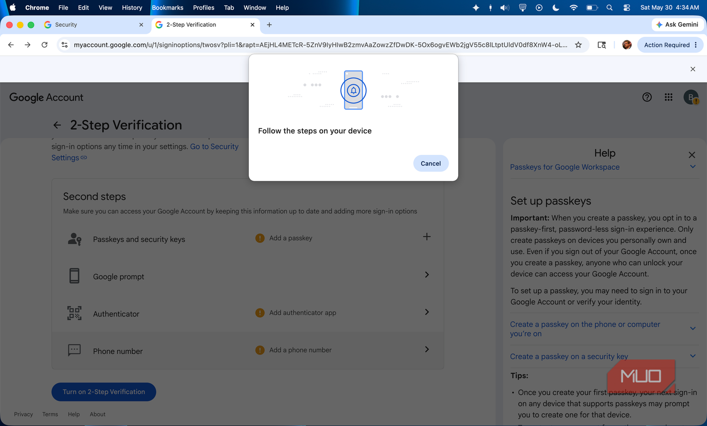 Creating a passkey for a Google account using an Android phone.