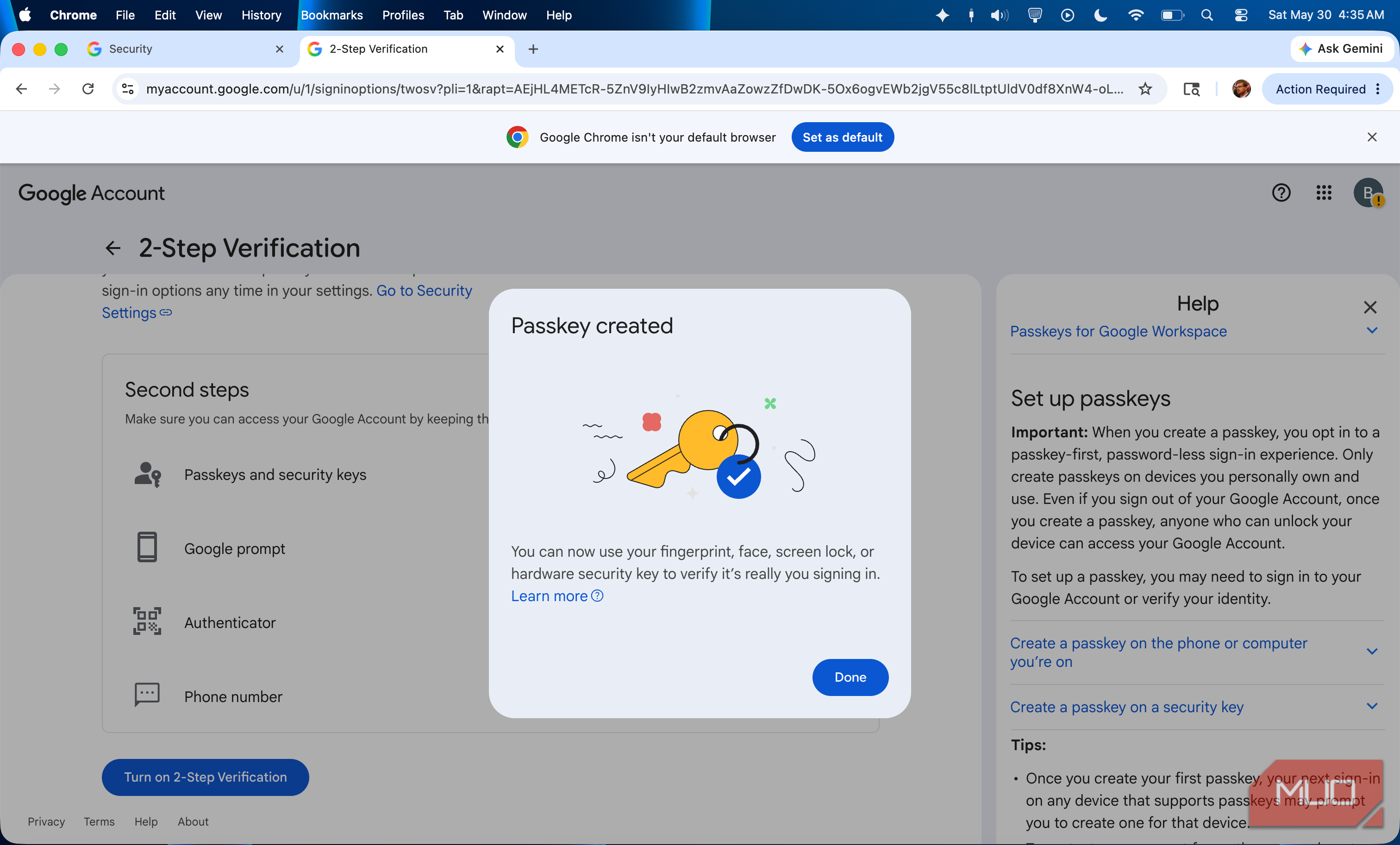 Creating a passkey for a Google account using an Android phone.