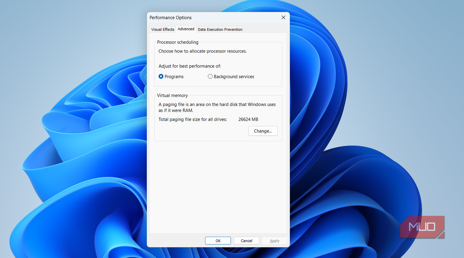 Performance options advanced tab on PC