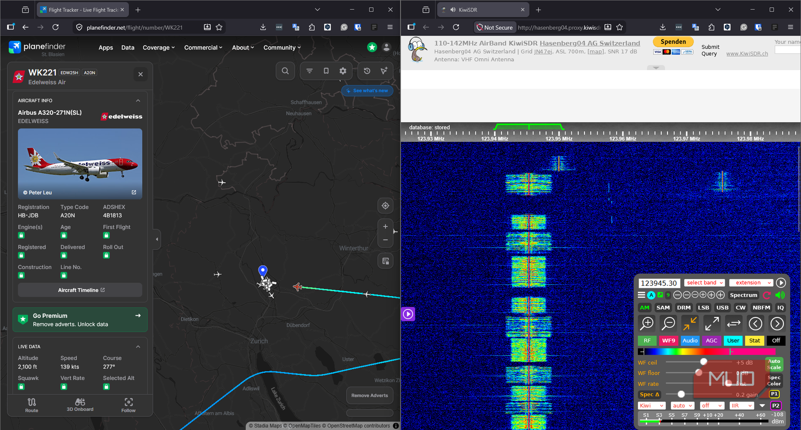 Plane Finder and Airband SDR side by side tracking a live flight