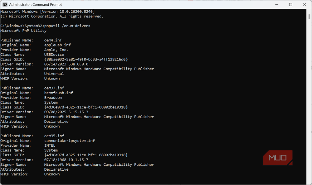 PnPUtil output showing installed drivers and their published names