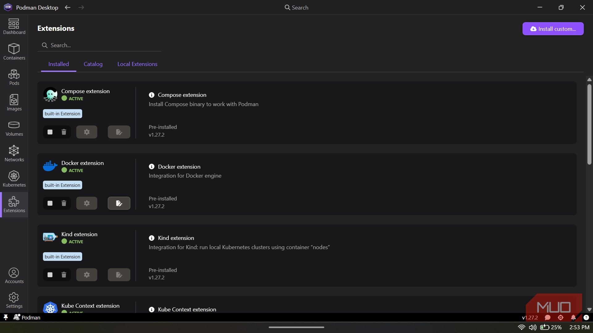 Podman Desktop application displaying the Extensions screen.