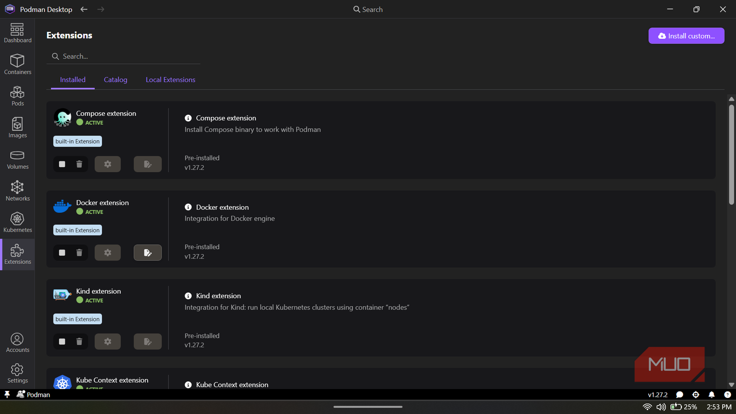 Podman Desktop application displaying the Extensions screen.