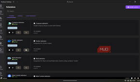 Podman Desktop application displaying the Extensions screen.