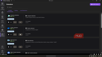 Podman Desktop application displaying the Extensions screen.