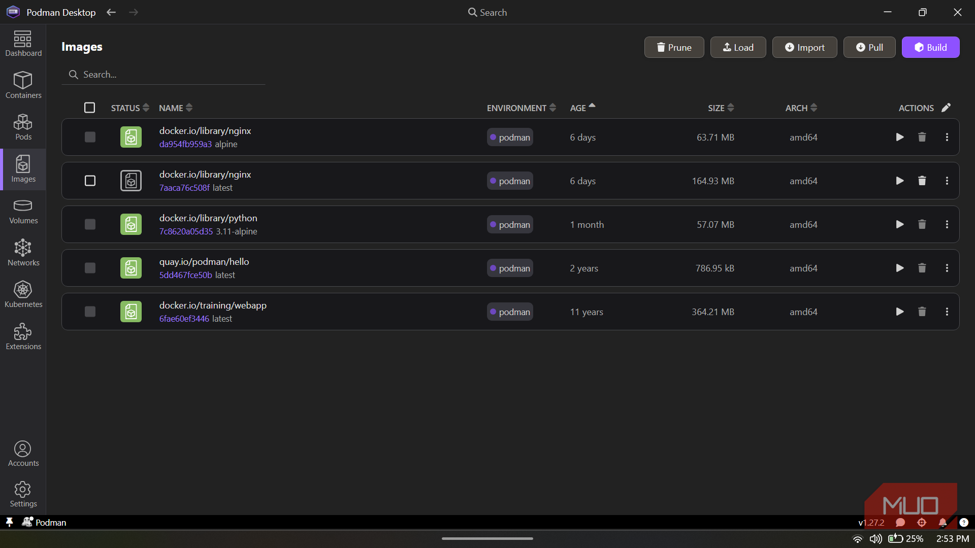 Podman Desktop application displaying the Images screen.