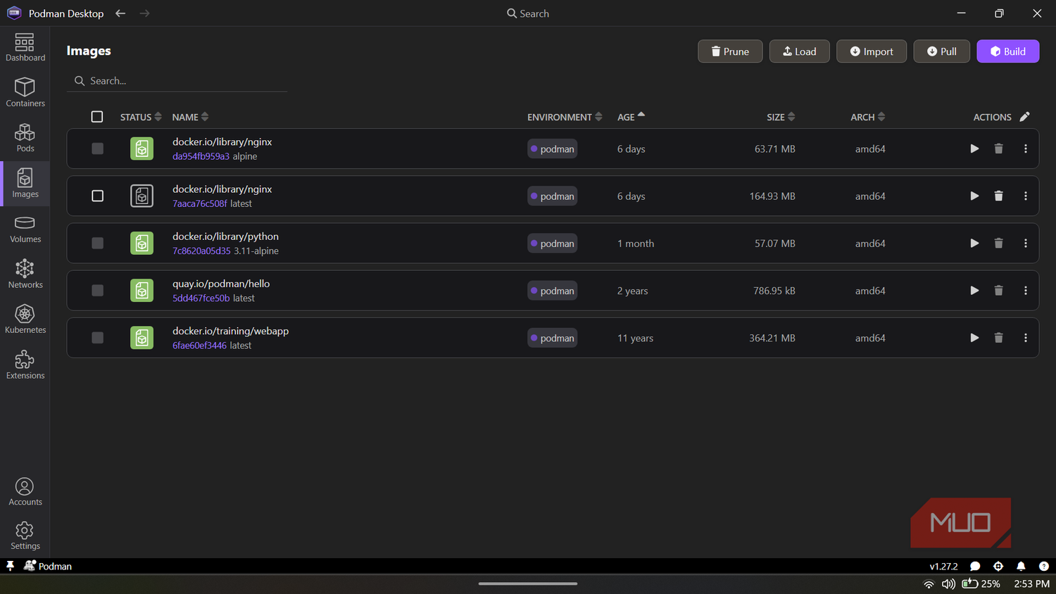 Podman Desktop application displaying the Images screen.
