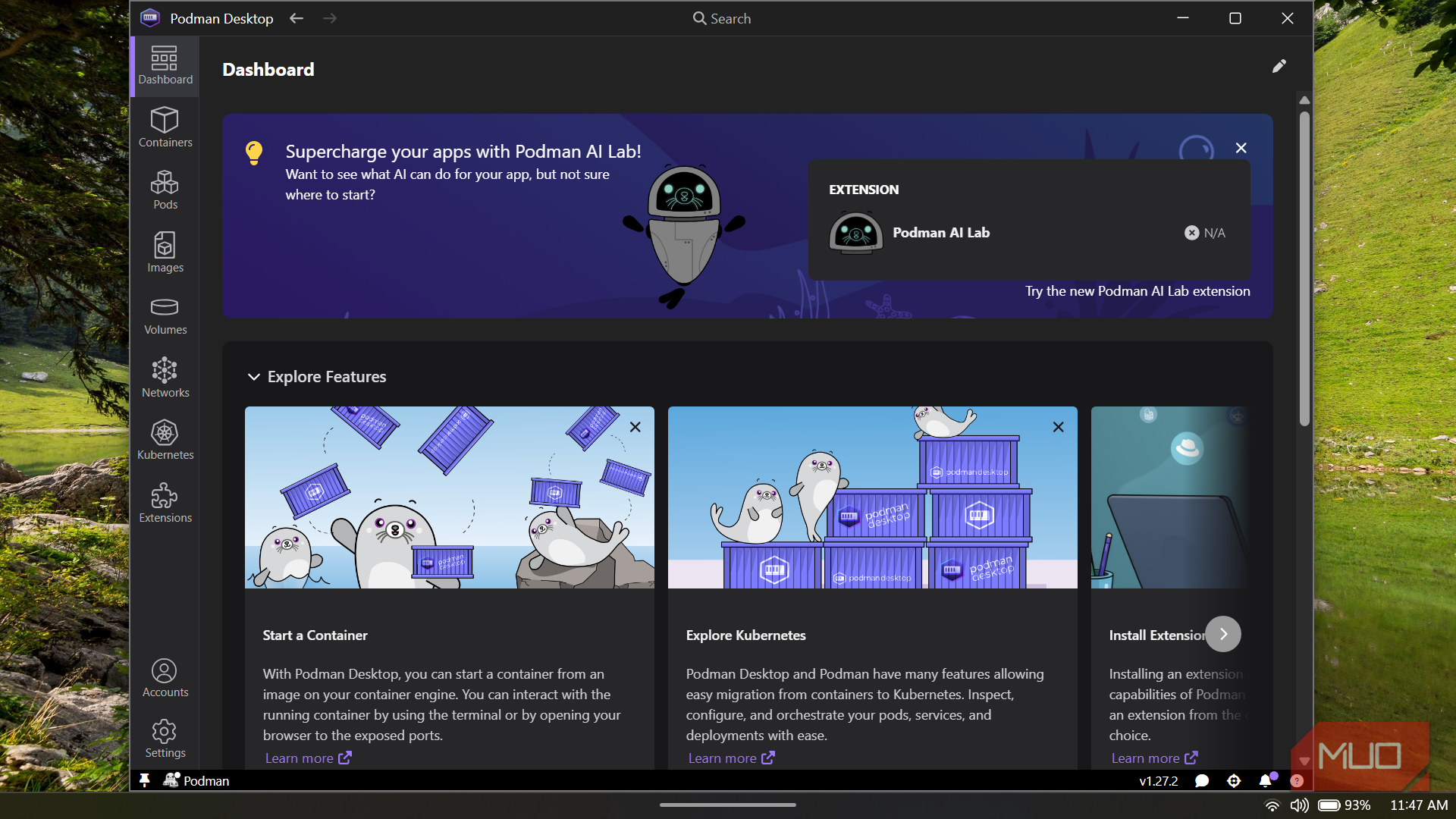 Podman Desktop application displaying the main Dashboard.