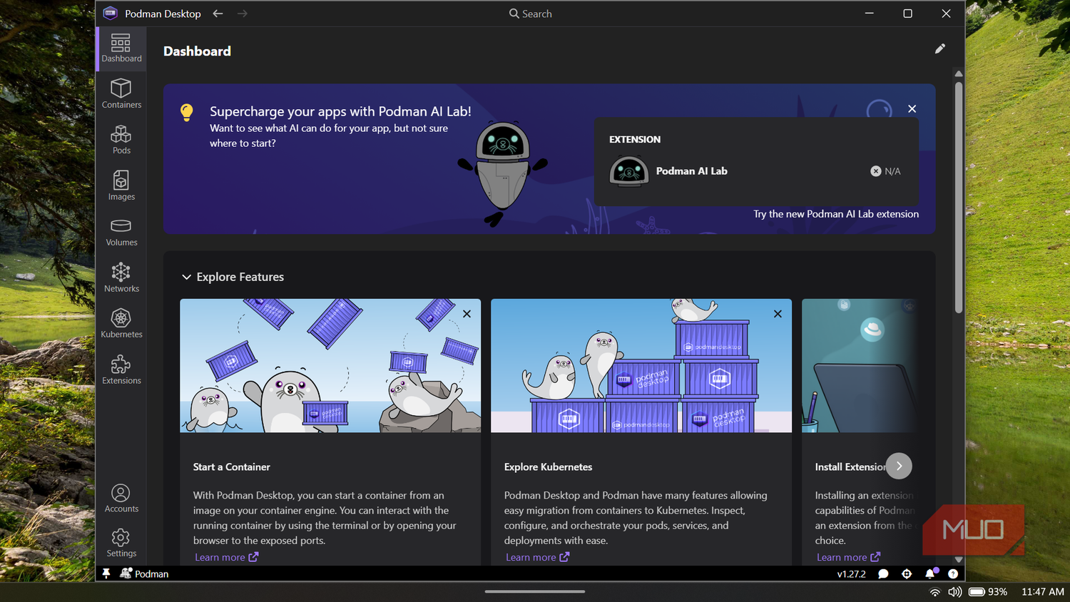 Podman Desktop application displaying the main Dashboard.