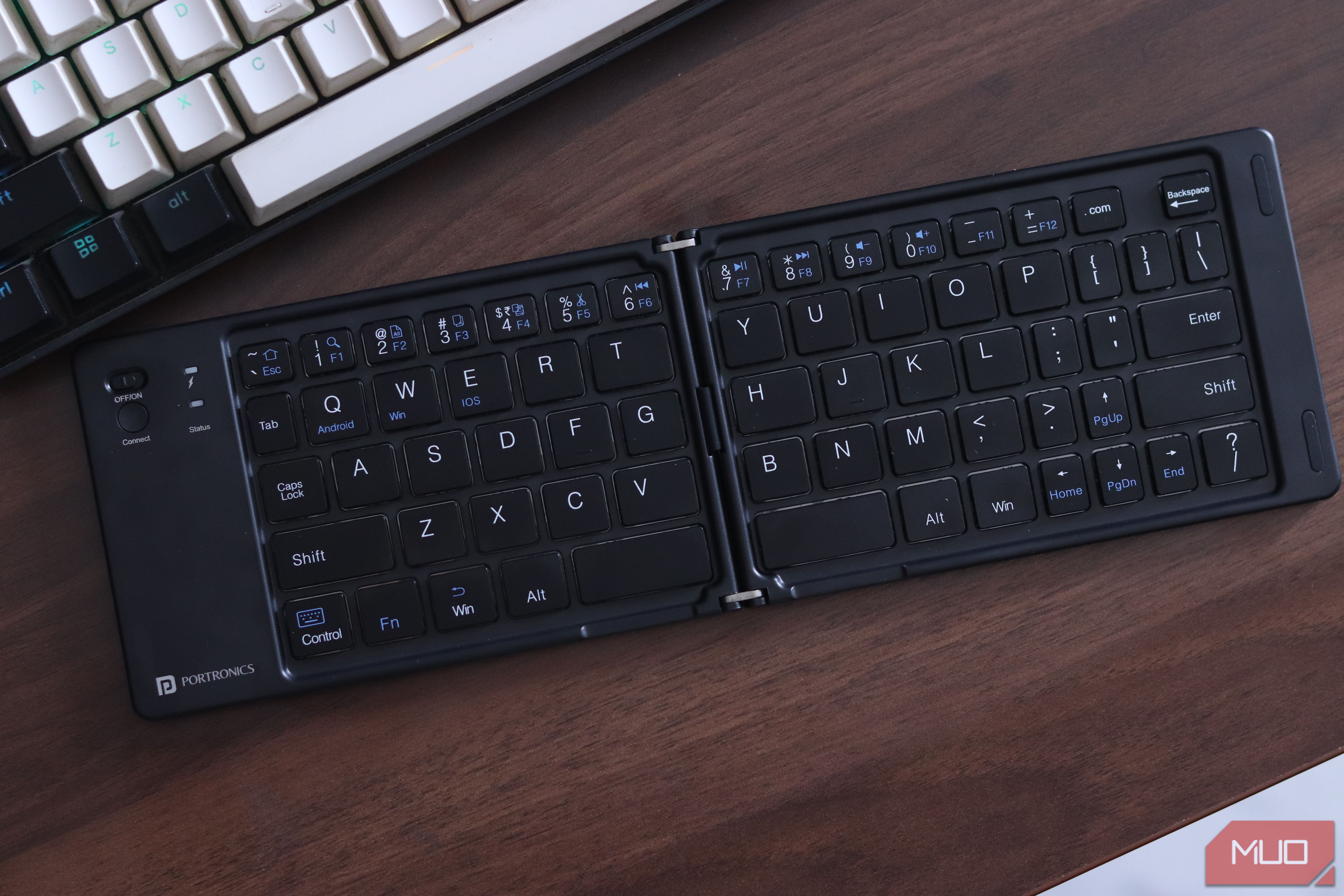Portronics chiclet foldable keyboard on a desk.