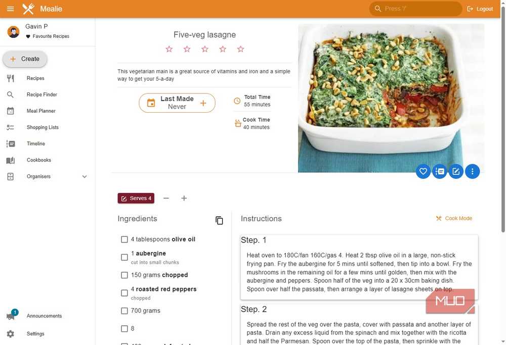 Mealie running on Proxmox, displaying a saved recipe