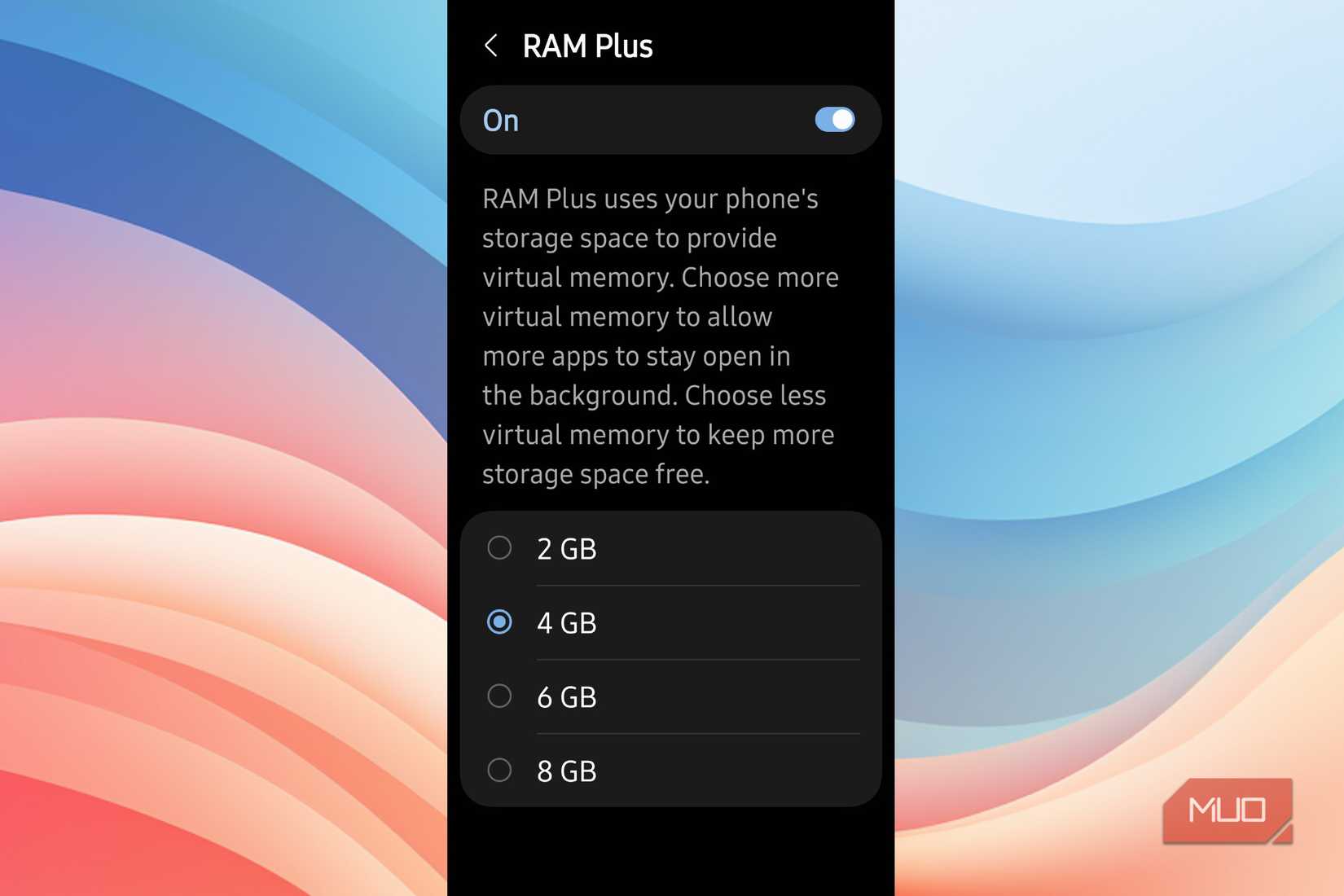 RAM Plus est activé et réglé sur 4 Go sur Android