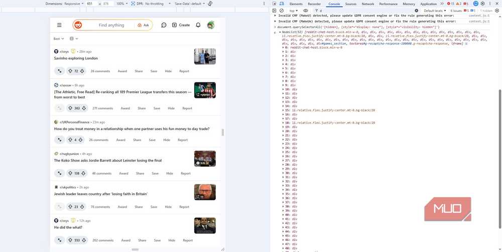 Revealing hidden elements on a Reddit page using the console query