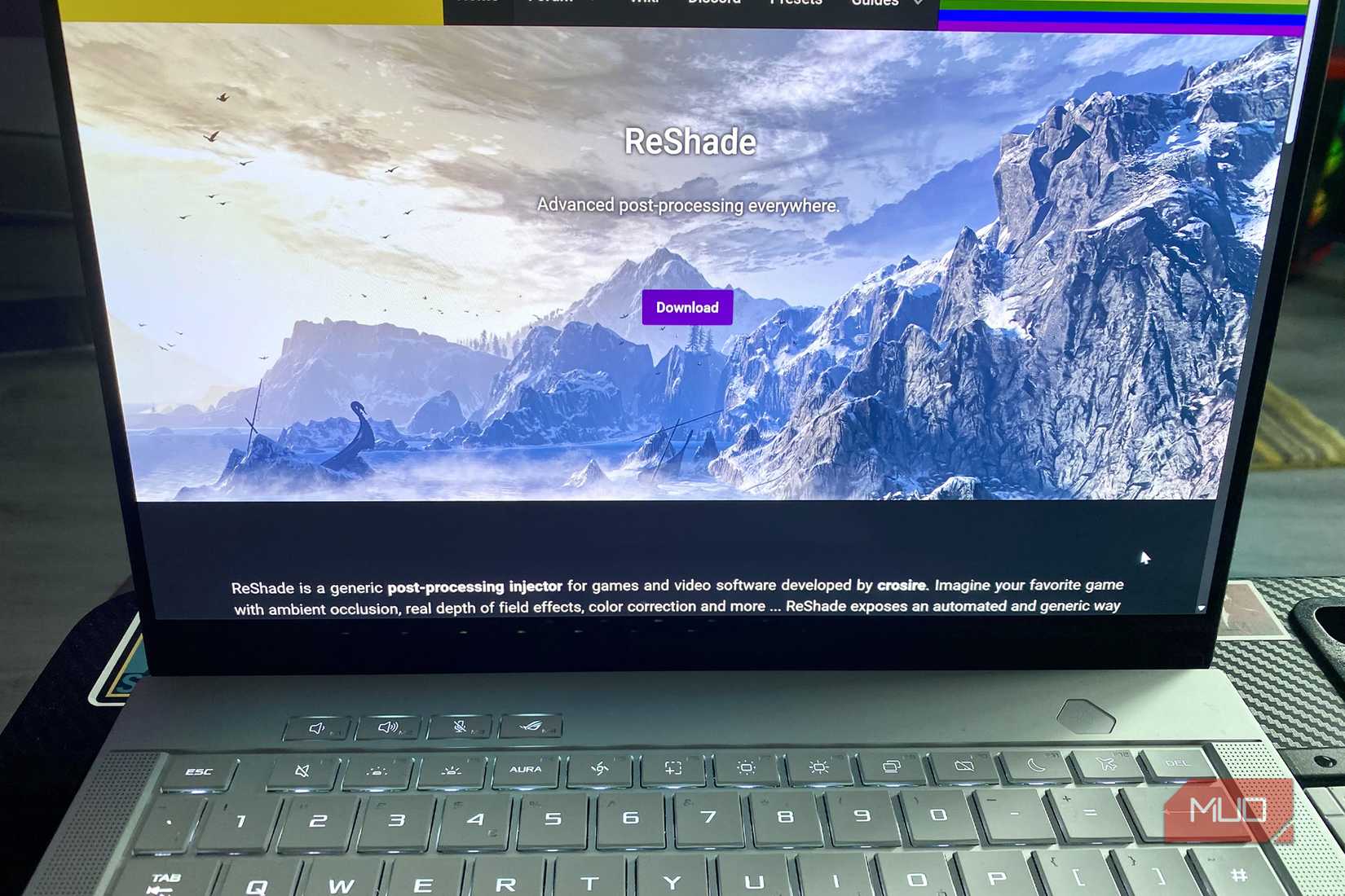 ReShade homepage on a Windows 11 gaming laptop