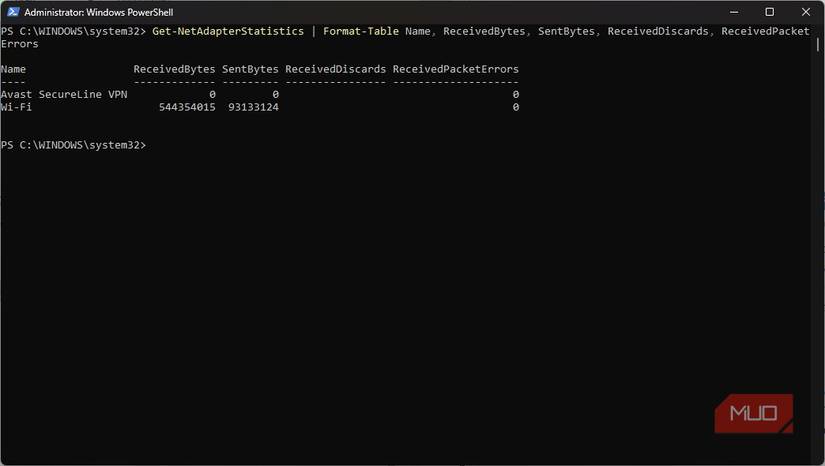 Running the Get-NetAdapterStatistics command