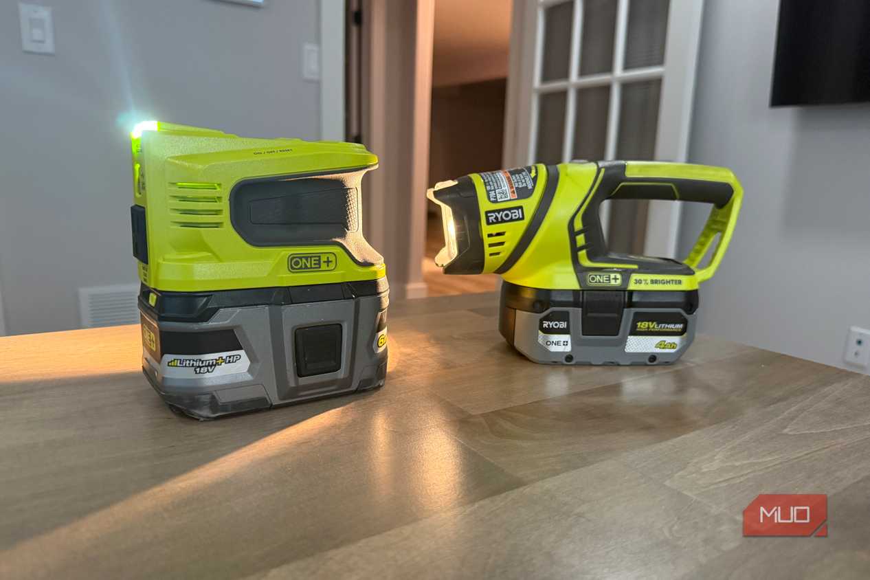 Ryobi power inverter and flashlight on desk lights on