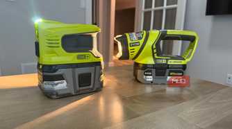 Ryobi power inverter and flashlight on desk lights on