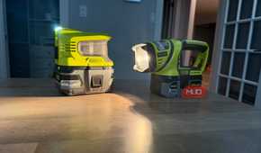 Ryobi power inverter and flashlight on desk shining onto surface