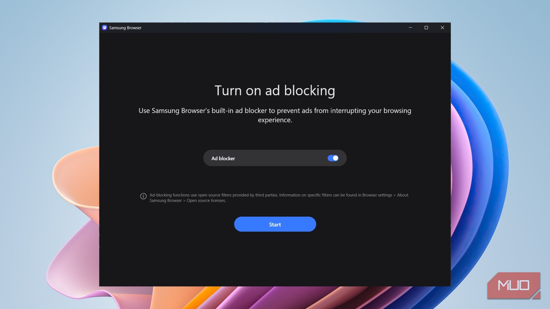 Samsung Internet browser built-in ad blocker setup screen on Windows 11