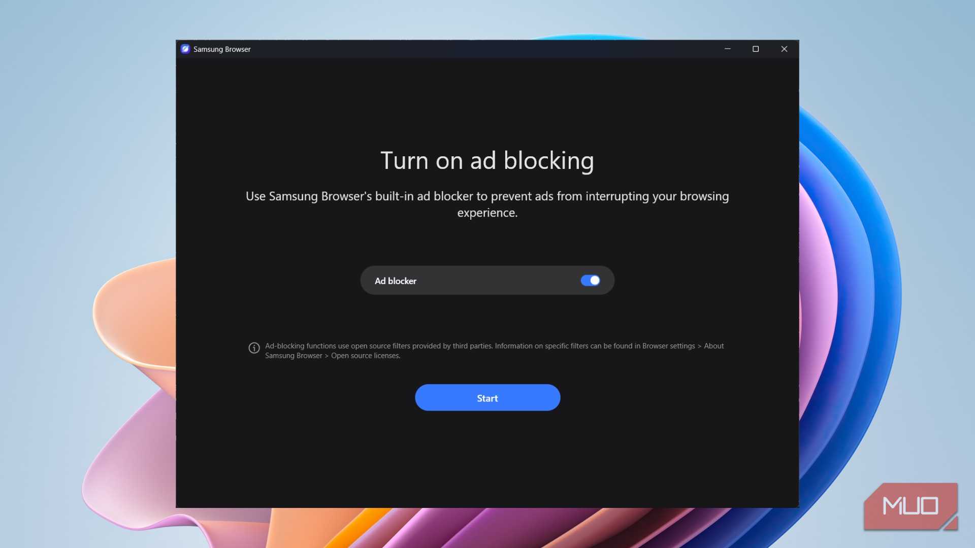 Samsung Internet browser built-in ad blocker setup screen on Windows 11