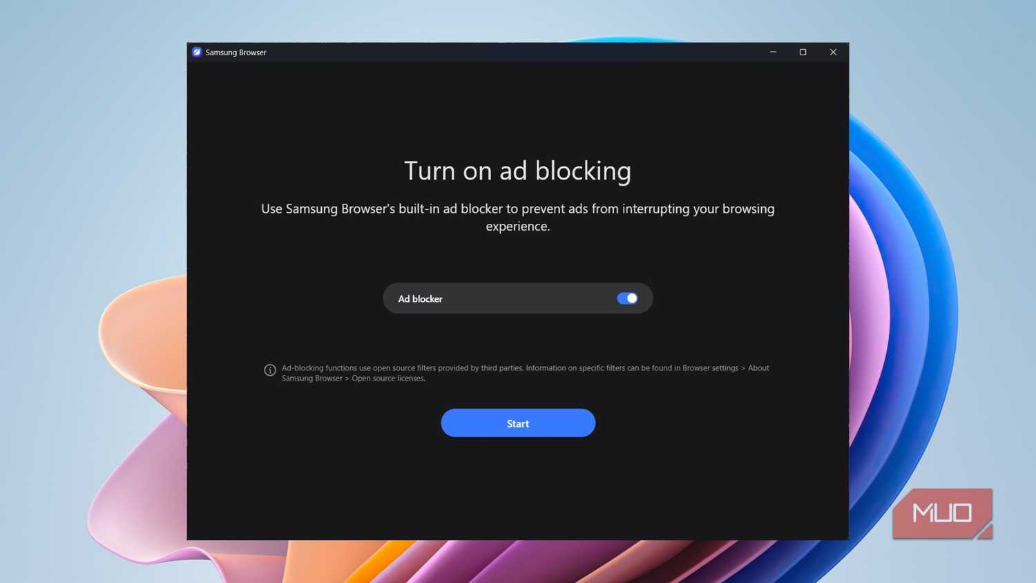 Samsung Internet browser built-in ad blocker setup screen on Windows 11