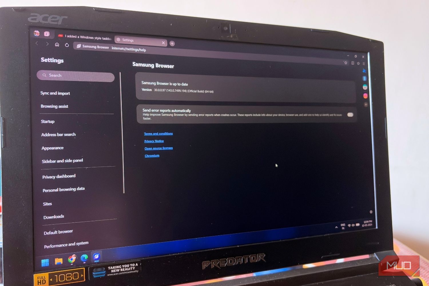 Samsung Browser on Windows 11 laptop hero