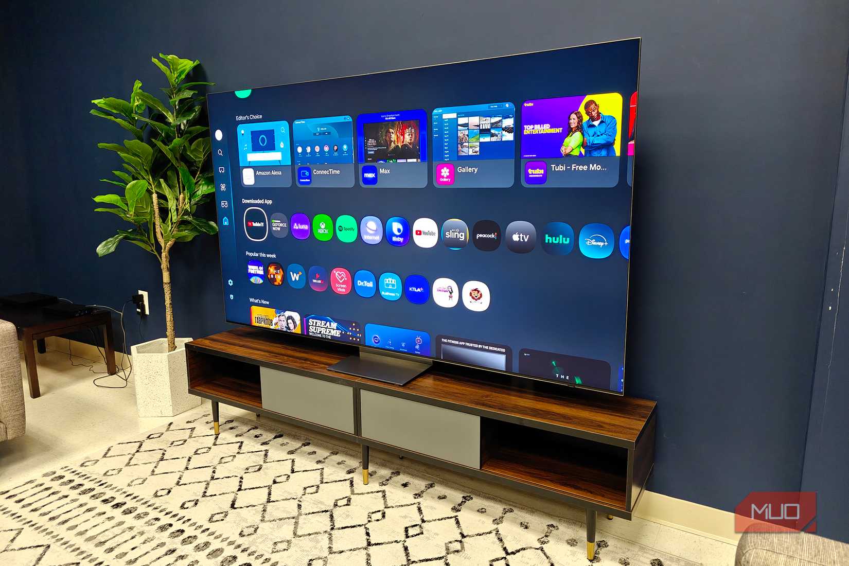 メニューを表示している部屋の Samsung QLED テレビ。