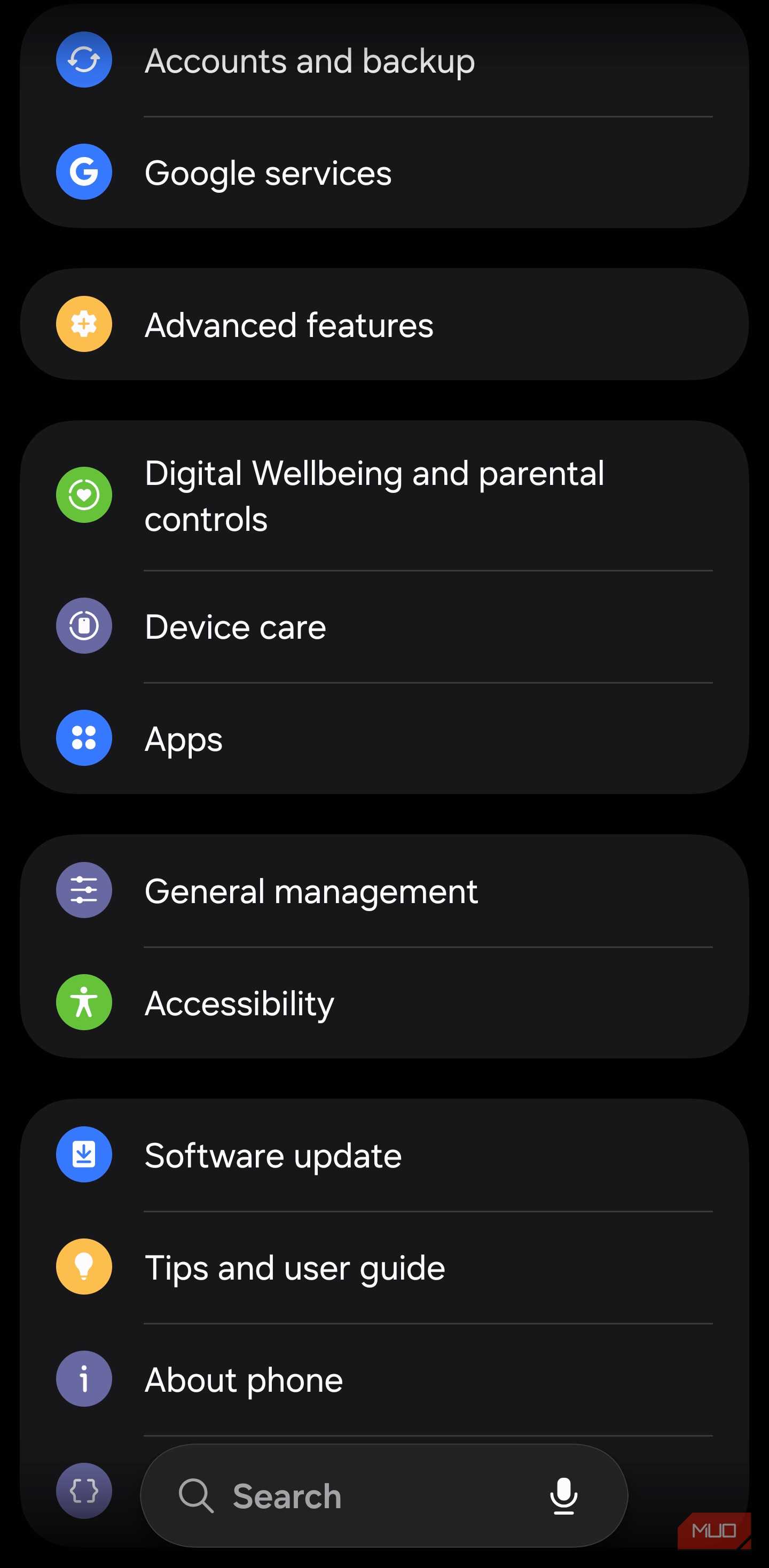 Samsung Settings menu with About phone