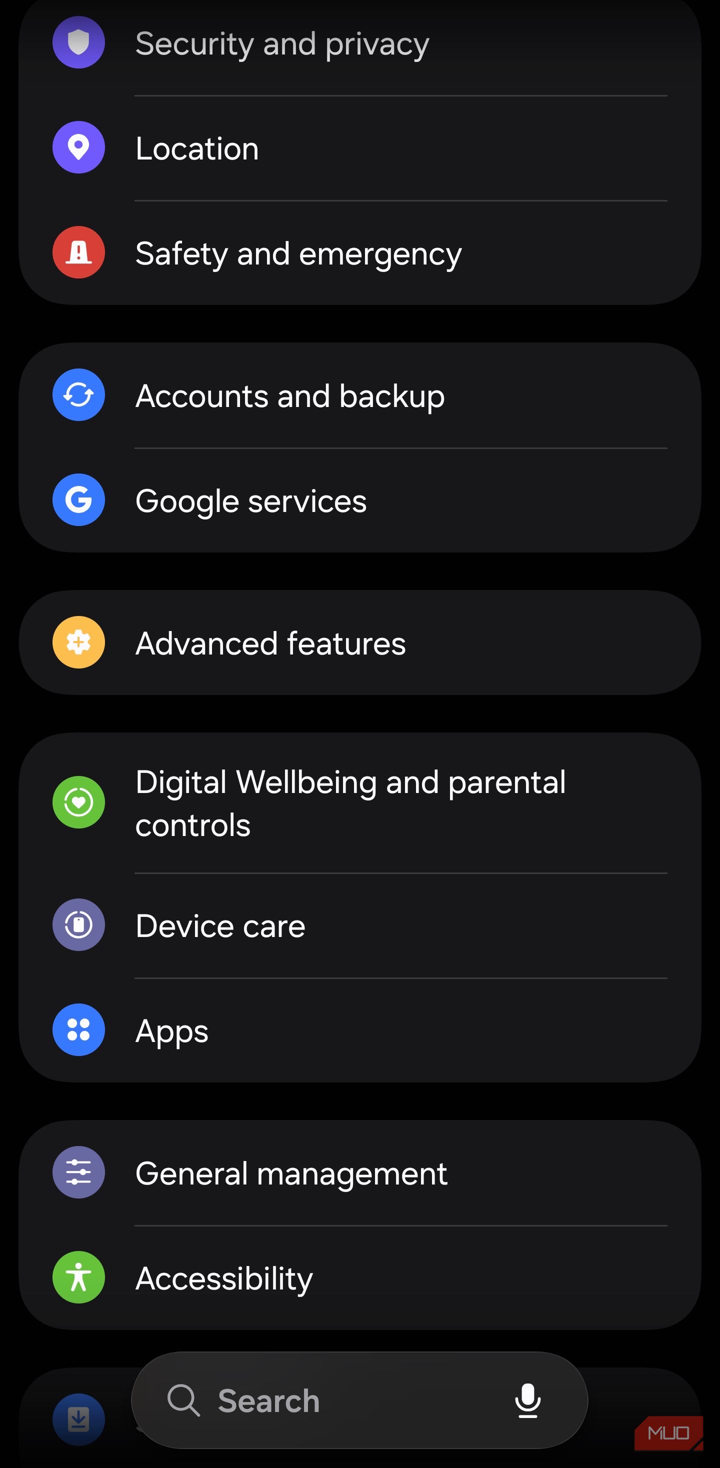 Samsung Settings menu with Device Care