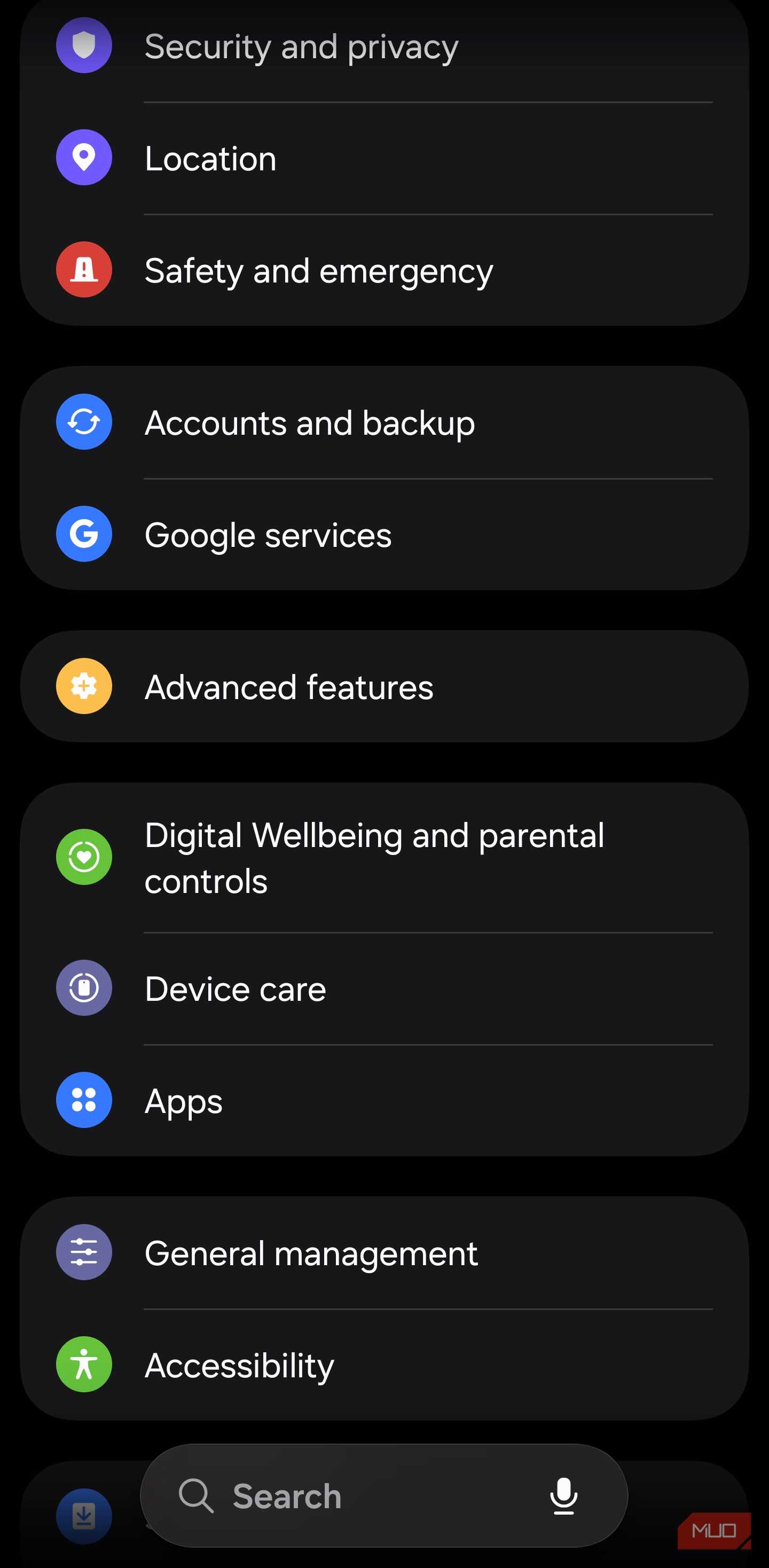 Samsung Settings menu with Device Care