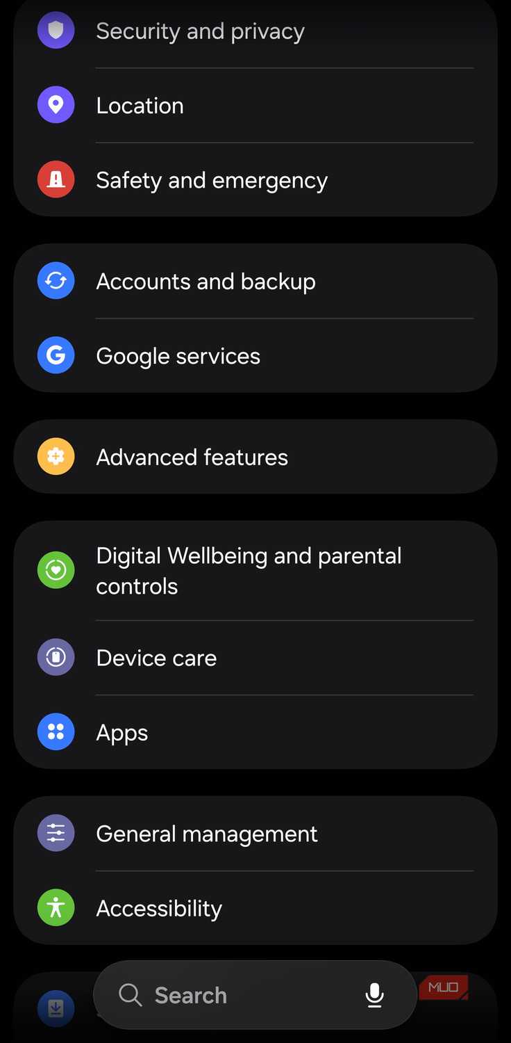 Samsung Settings menu with Device Care
